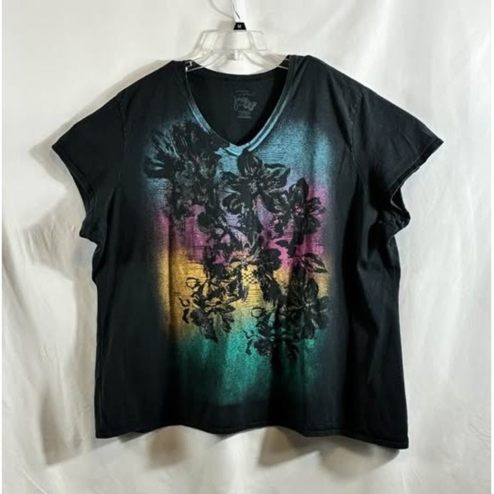 JMS Just My Size 5X Black Floral Fairycore Tee Plus Whimsygoth Y2K Artsy Top